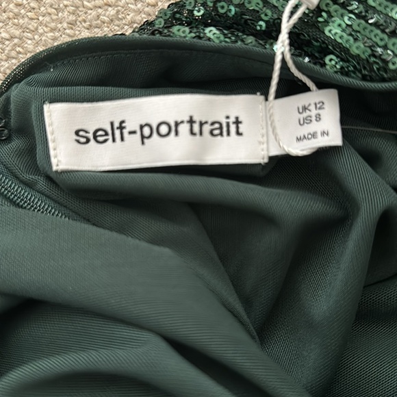 NWT Self-Portrait | Green Stretch Sequin Asymmetric Midi Dress - Picture 5 of 10